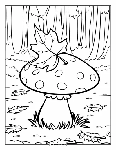 Coloriage de feuilles d'automne pour enfants : Une feuille d'automne solitaire repose paisiblement sur un chapeau de champignon dans les bois