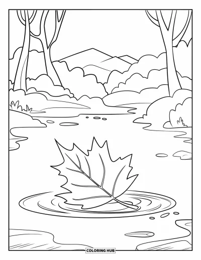 Coloriage de feuilles d'automne pour enfants : Une feuille solitaire dérive dans une flaque sous un ciel paisible avec vue sur les montagnes