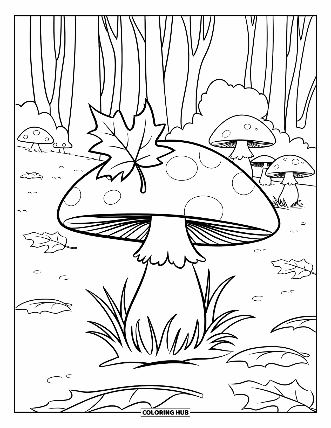 Fall Leaves Coloring Page for Kids: A mushroom with a leaf on top sits in a calm forest of trees
