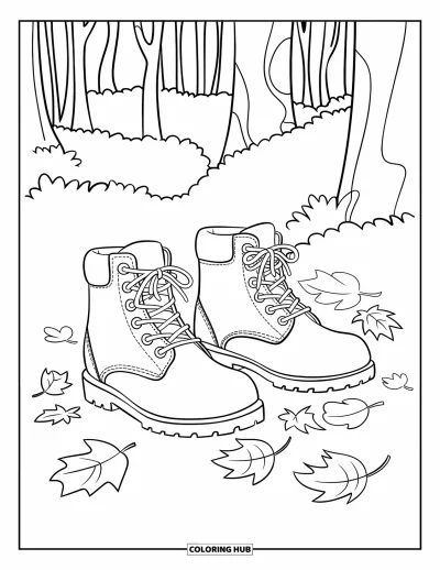Coloriage de feuilles d'automne pour enfants : Une paire de bottes avance parmi des feuilles éparpillées dans une forêt