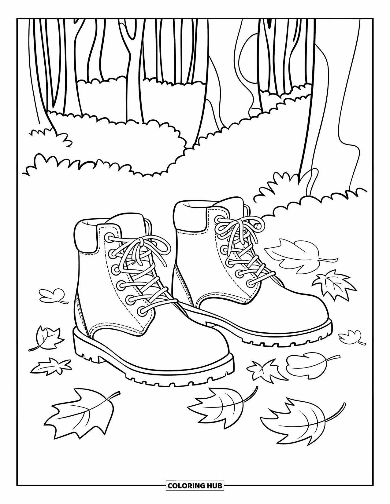Fall Leaves Coloring Page for Kids: A pair of boots steps beside scattered leaves in a wooded forest
