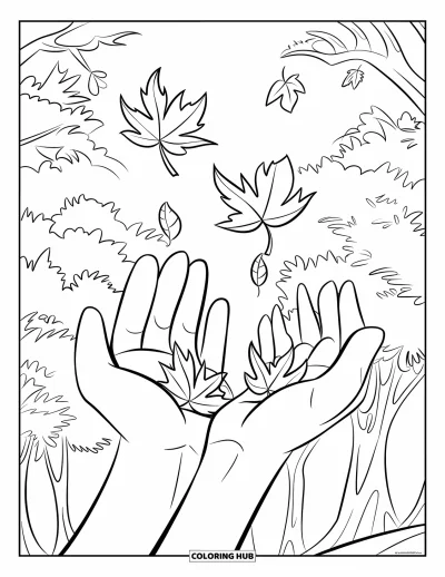 Coloriage de feuilles d'automne pour enfants : Des mains attrapent des feuilles d'automne tombant des arbres alentour