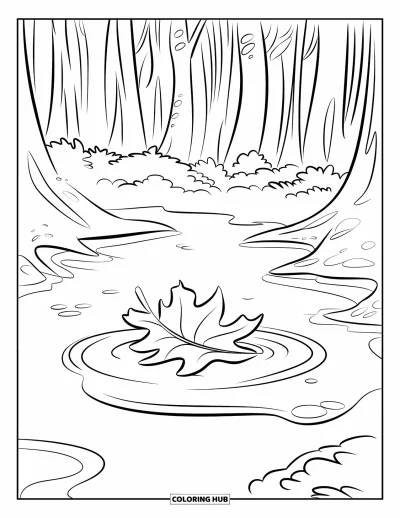 Coloriage de feuilles d'automne pour enfants : Une flaque tranquille accueille une feuille flottante entourée de grands arbres forestiers