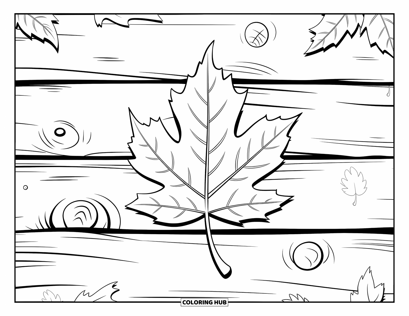 Fall Leaves Coloring Page for Kids: A round-edged fall leaf rests on weathered planks in a peaceful setting