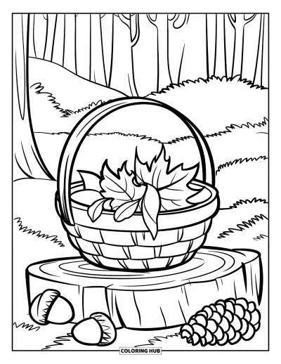 Coloriage de feuilles d'automne pour enfants : Un panier rustique rempli de feuilles d'automne, de glands et de pommes de pin repose dans une forêt tranquille