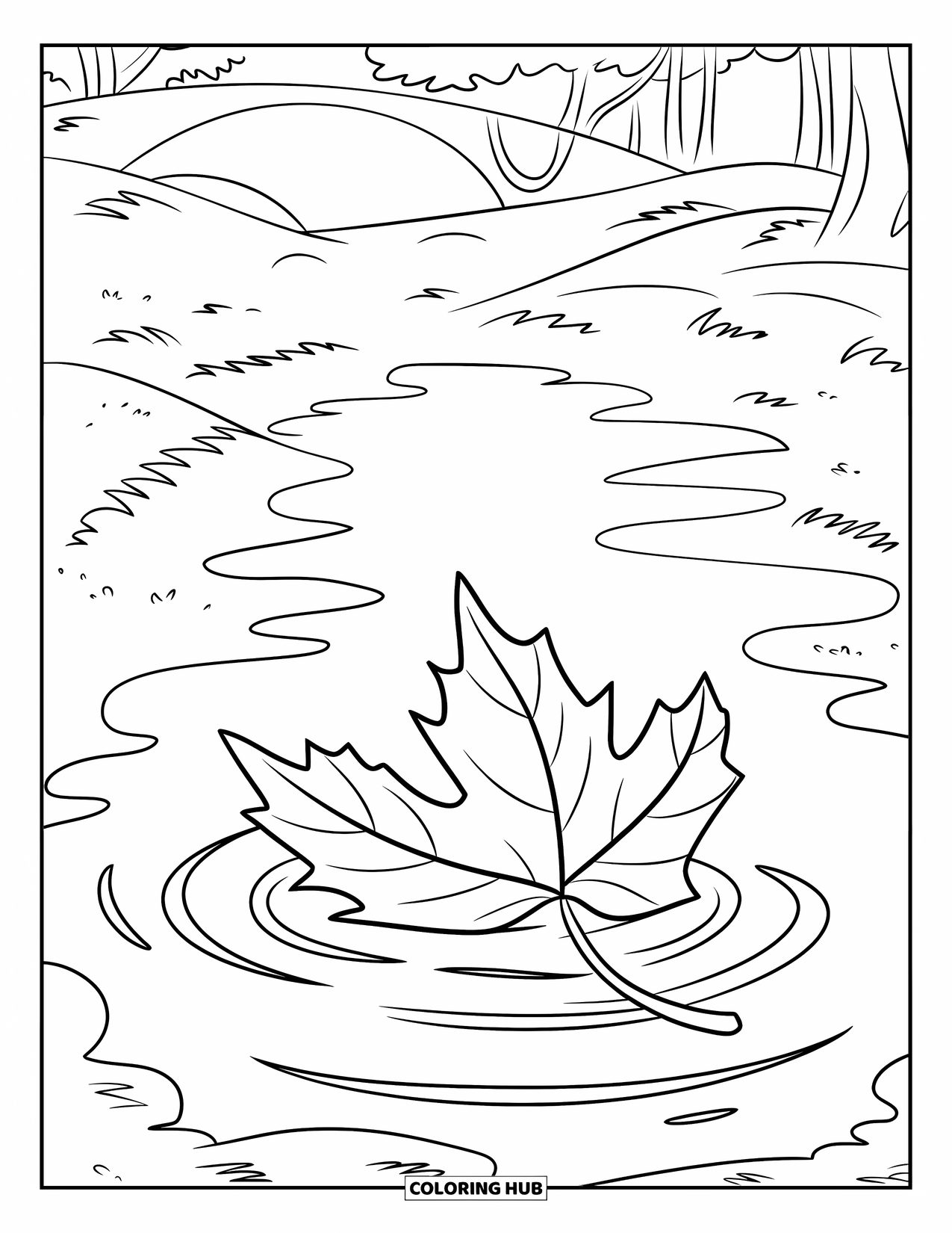 Fall Leaves Coloring Page for Kids: A single fall leaf floats gently in a puddle with soft water ripples