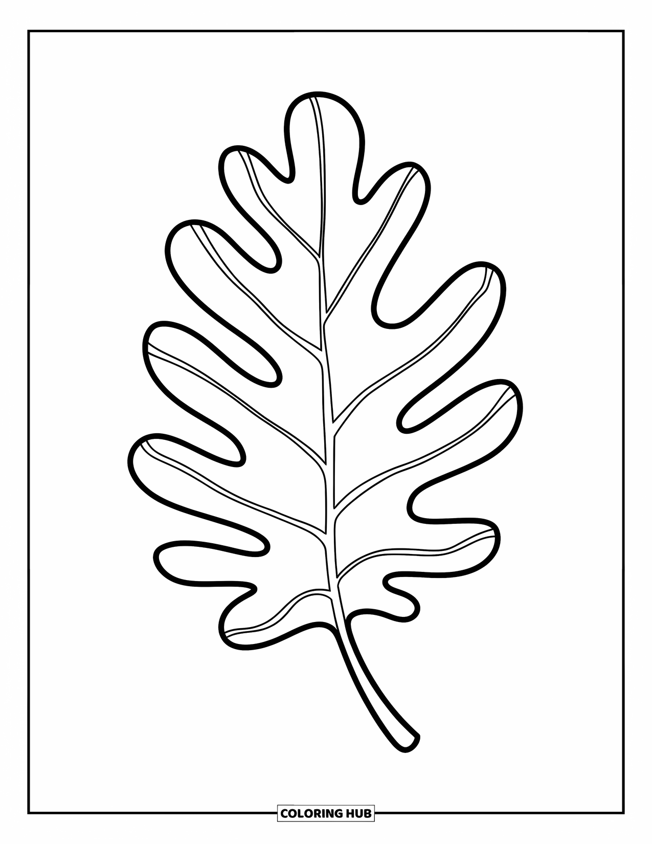 Fall Leaves Coloring Page for Kids: A single oak leaf with deep veins
