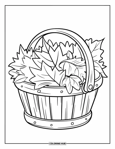 Coloriage de feuilles d'automne pour enfants : Un petit panier en bois déborde de feuilles d'automne croquantes sur une surface en bois