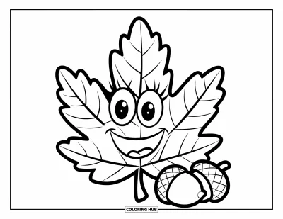 Coloriage de feuilles d'automne pour enfants : Une feuille d'automne souriante aux grands yeux est assise joyeusement à côté de deux petits glands