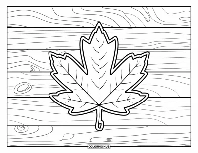 Coloriage de feuilles d'automne pour enfants : Une feuille d'automne aux contours doux et aux lignes marquées décore un fond en bois