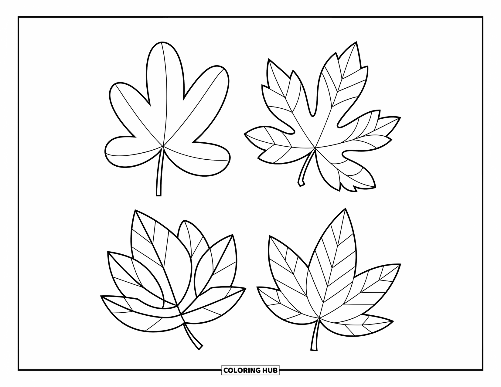 Fall Leaves Coloring Page for Kids: A square grid holds four bold fall leaves with unique details