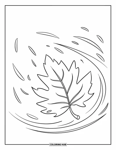Coloriage de feuilles d'automne pour enfants : Une brise en spirale soulève une feuille d'automne dans une danse légère