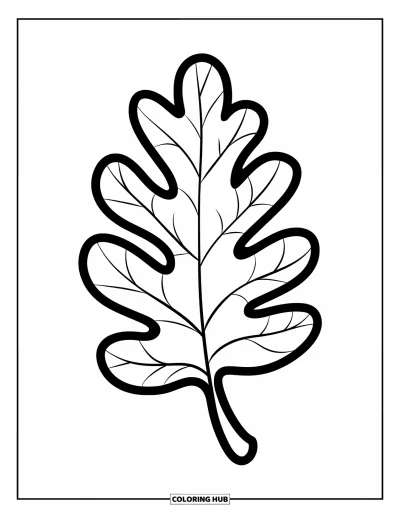 Coloriage de feuilles d'automne pour enfants : Une feuille de chêne aux épaisses lignes et courbes se détache fièrement sur un fond blanc
