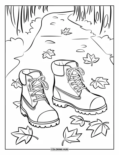 Coloriage de feuilles d'automne pour enfants : Des bottes marchent sur un chemin jonché de feuilles croquantes dans l'air doux de la forêt