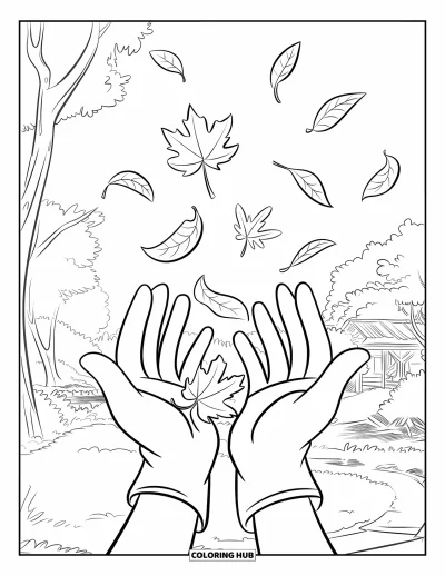 Coloriage de feuilles d'automne pour enfants : Des mains gantées attrapent des feuilles d'automne virevoltantes sous de grands arbres en forêt
