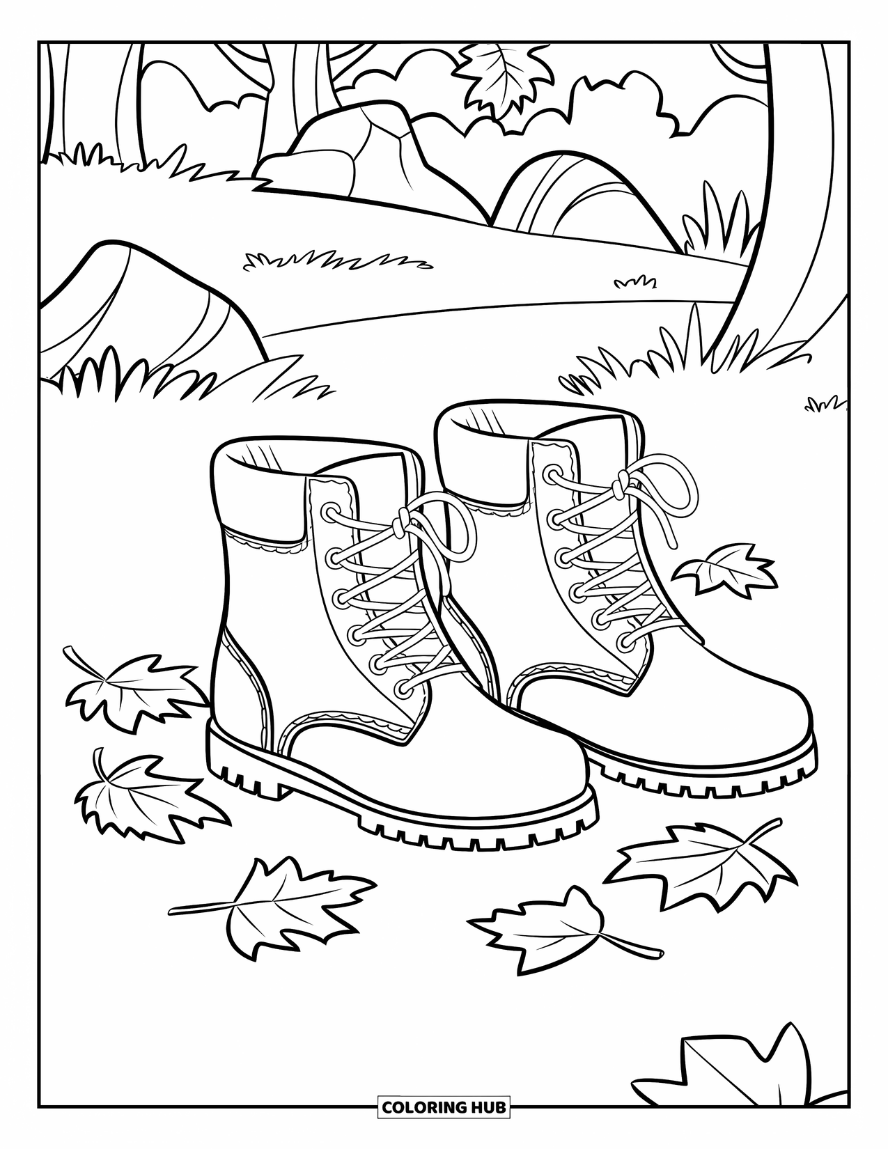 Fall Leaves Coloring Page for Kids: Laced boots tread through leaves on a grassy, rocky forest floor