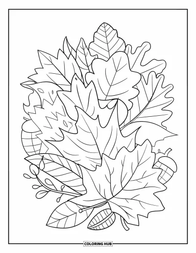 Coloriage de feuilles d'automne pour enfants : Des feuilles superposées et de petits glands composent un doux collage de formes automnales