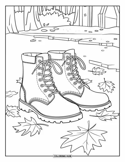 Coloriage de feuilles d'automne pour enfants : Des bottes en cuir avancent parmi les feuilles tombantes près d'un bâtiment bordé d'arbres