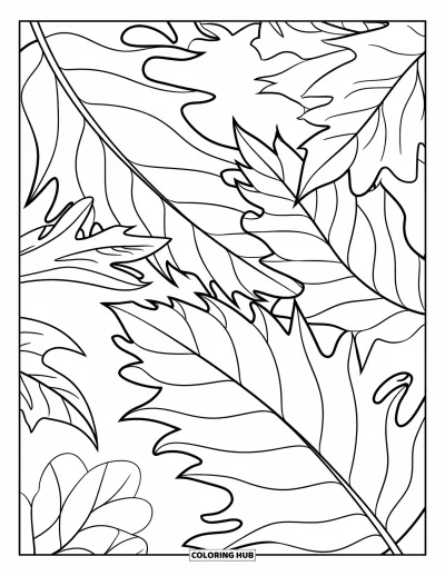 Coloriage de feuilles d'automne pour enfants : Trois feuilles d'automne superposées se chevauchent doucement sur un fond blanc épuré