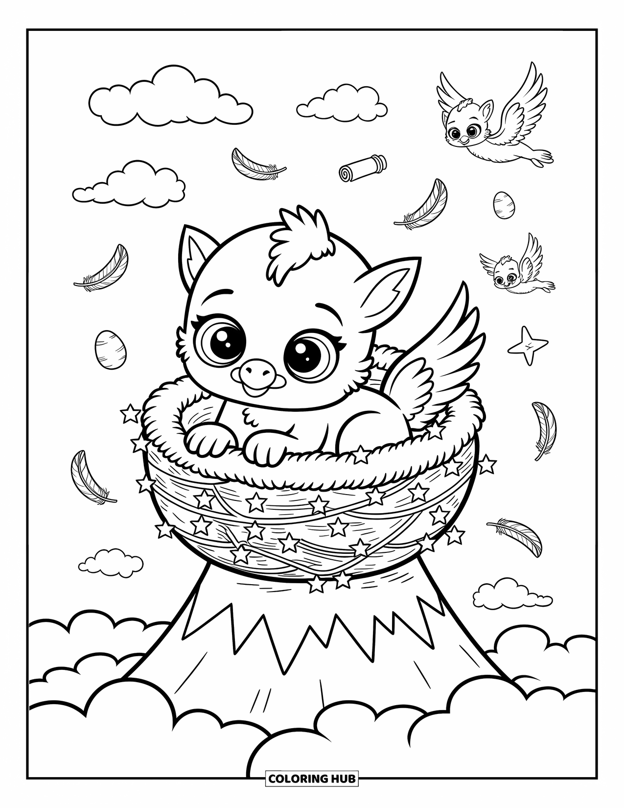 Fantasy Coloring Page for Adults: A baby griffin rests in a starry nest with floating scrolls, feathers, and gentle skies