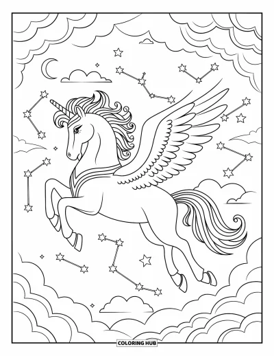 Fantasy-fargeleggingsark for voksne: En kronet pegasus svever gjennom skyer og konstellasjoner under en lysende måne