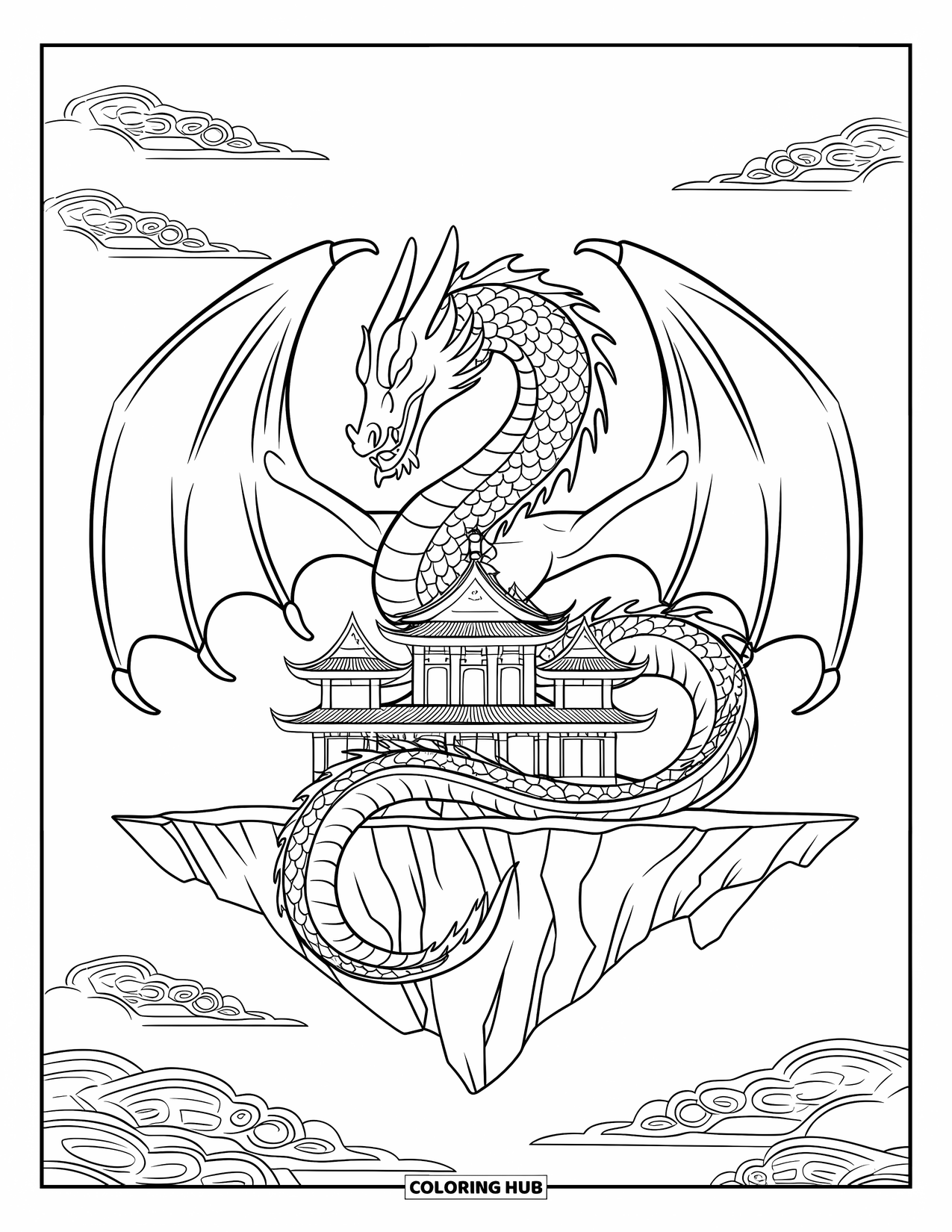 Fantasy Coloring Page for Adults: A dragon coils around a floating mountain temple with detailed carvings and a peaceful sky