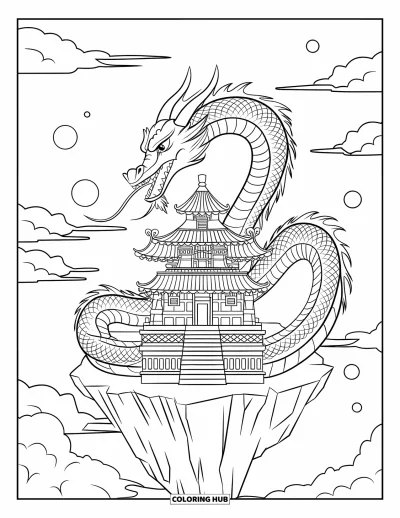 Fantasy-fargeleggingsark for voksne: En mektig drage vokter et svevende tempel omgitt av skyer og lysende kuler