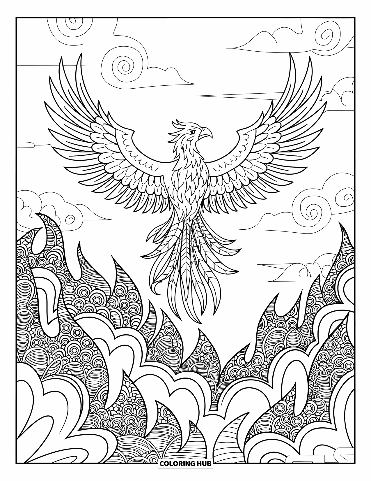 Fantasy Coloring Page for Adults: A majestic phoenix rises through spiraling flames and stars with bold, detailed feathers