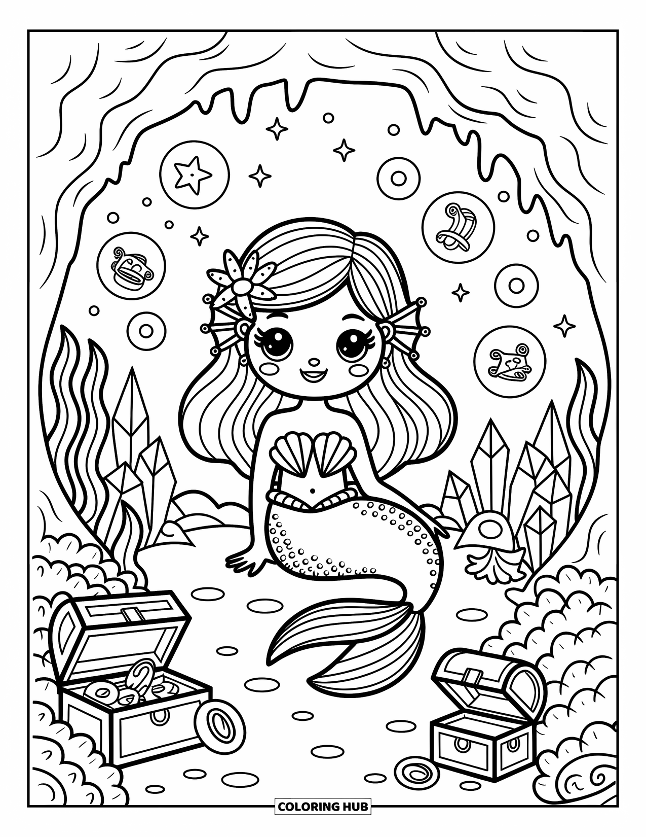 Fantasy Coloring Page for Adults: A mermaid lounges in a cozy sea cave surrounded by glowing crystals and curious jellyfish