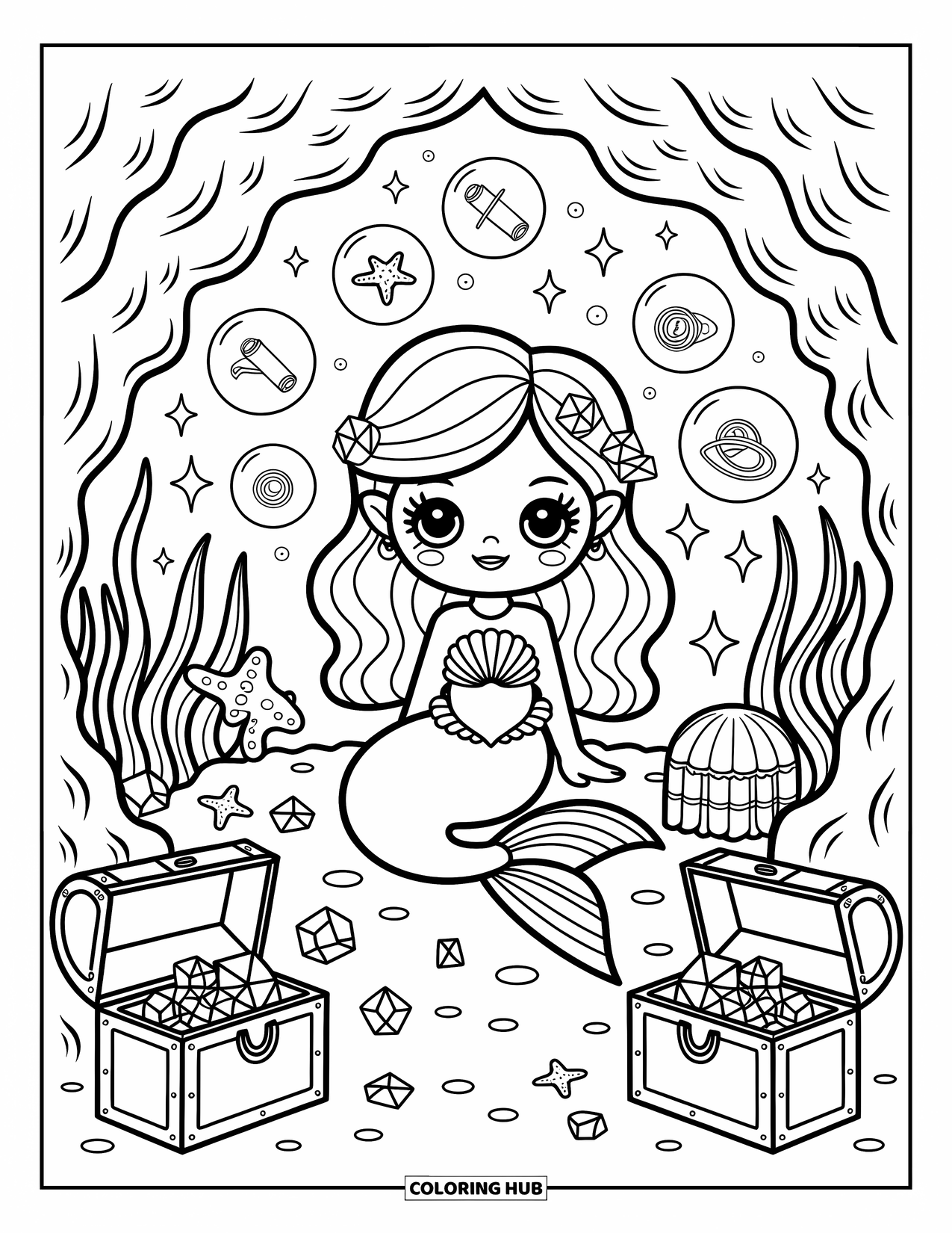 Fantasy Coloring Page for Adults: A mermaid sits in a crystal cave with jellyfish, treasures, and magical bubbles floating around