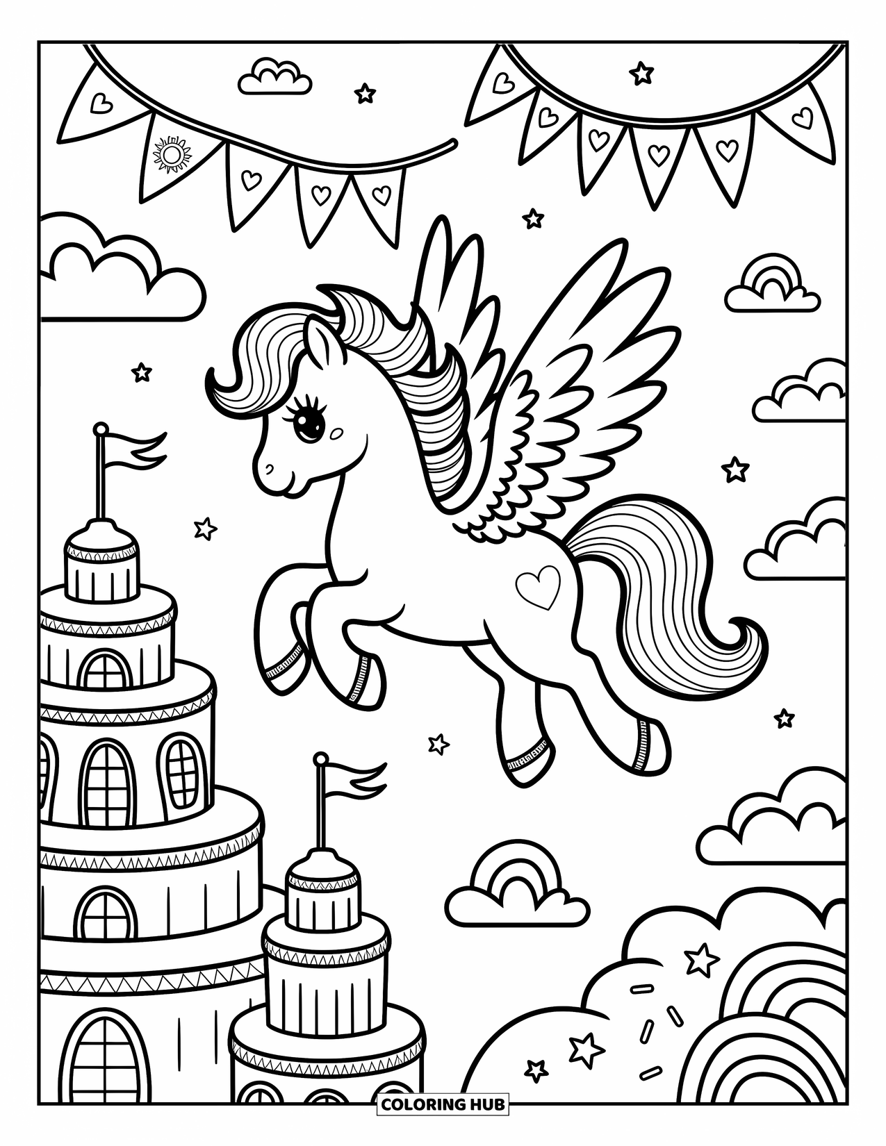 Fantasy Coloring Page for Adults: A pegasus floats above a dreamy castle with cake towers, cotton clouds, and sunny banners