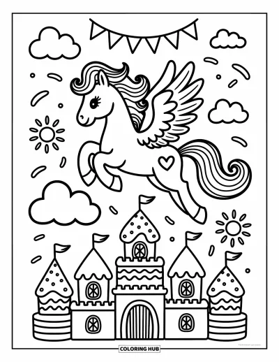 Fantasy-fargeleggingsark for voksne: En pegasus med hjertevinger flyr over et slott formet som desserter og godteriskyer