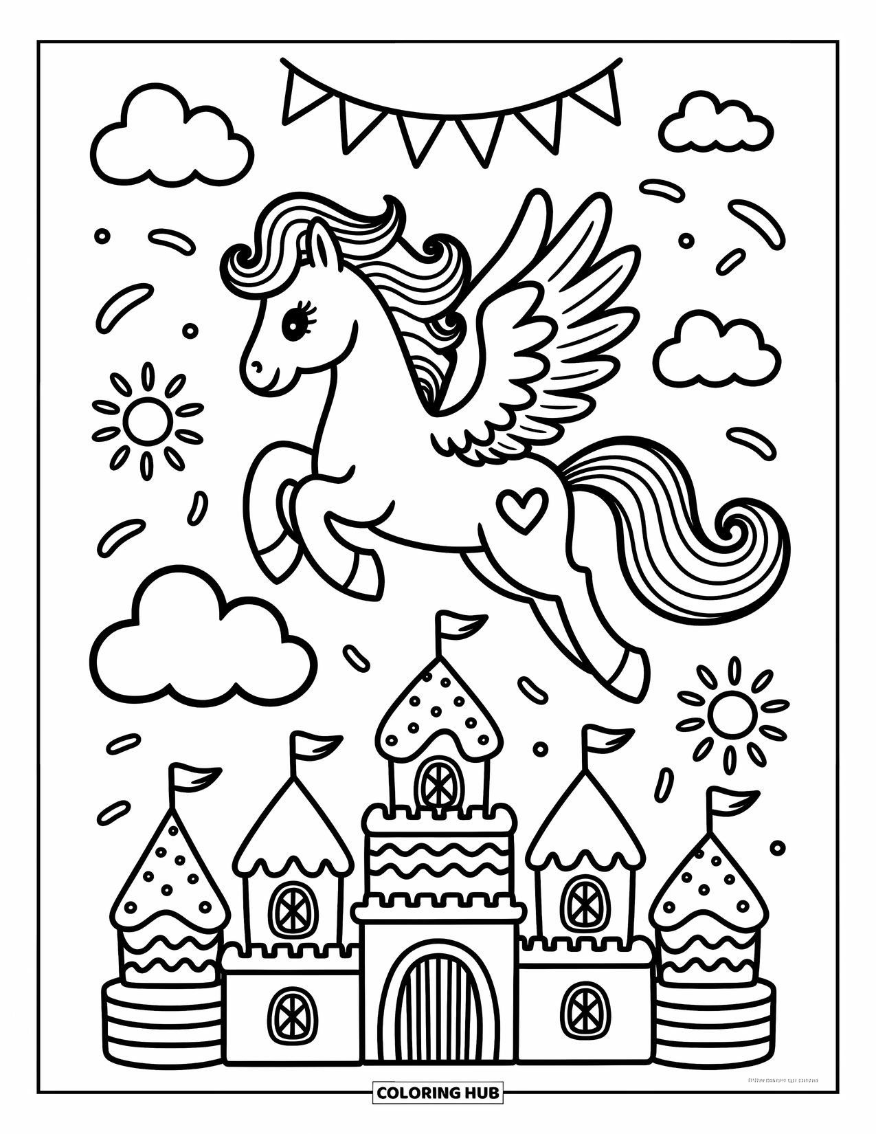 Fantasy Coloring Page for Adults: A pegasus with heart wings flies over a castle shaped like desserts and candy clouds