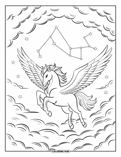 Fantasy-fargeleggingsark for voksne: En pegasus med brede vinger flyr over virvlende skyer og stjernebelyste konstellasjoner