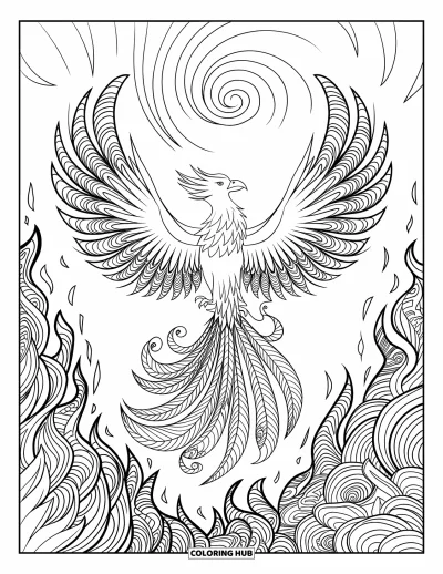Fantasy-fargeleggingsark for voksne: En føniksfugl brer ut vingene gjennom flammer og spiraler i en dramatisk, flammende himmelscene