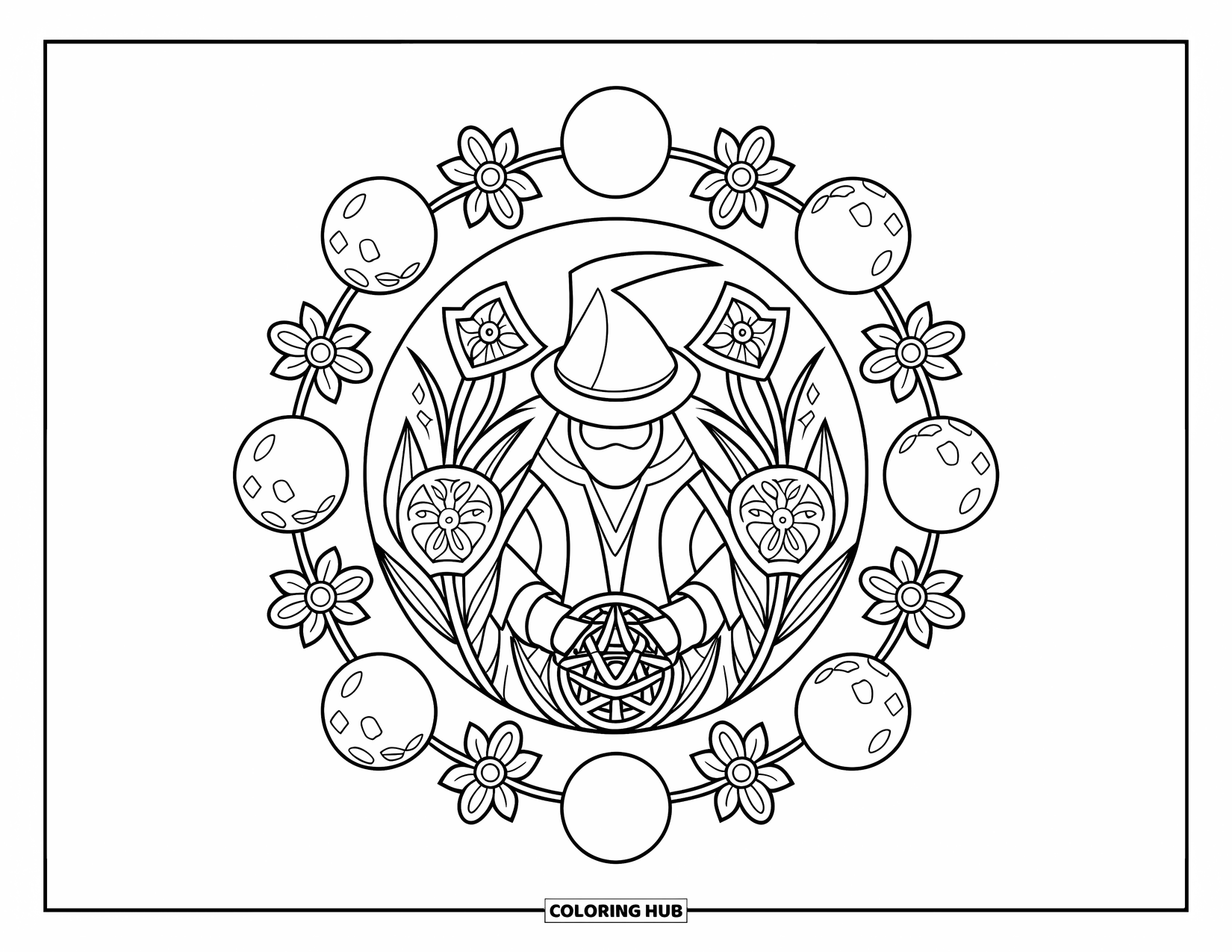 Fantasy Coloring Page for Adults: A spellcaster stands within magical rings of alchemy symbols, flowers, and glowing moons