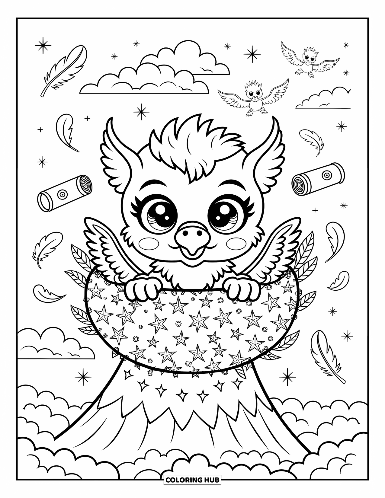 Fantasy Coloring Page for Adults: A sweet griffin naps in a nest among clouds, scrolls, and floating magical items