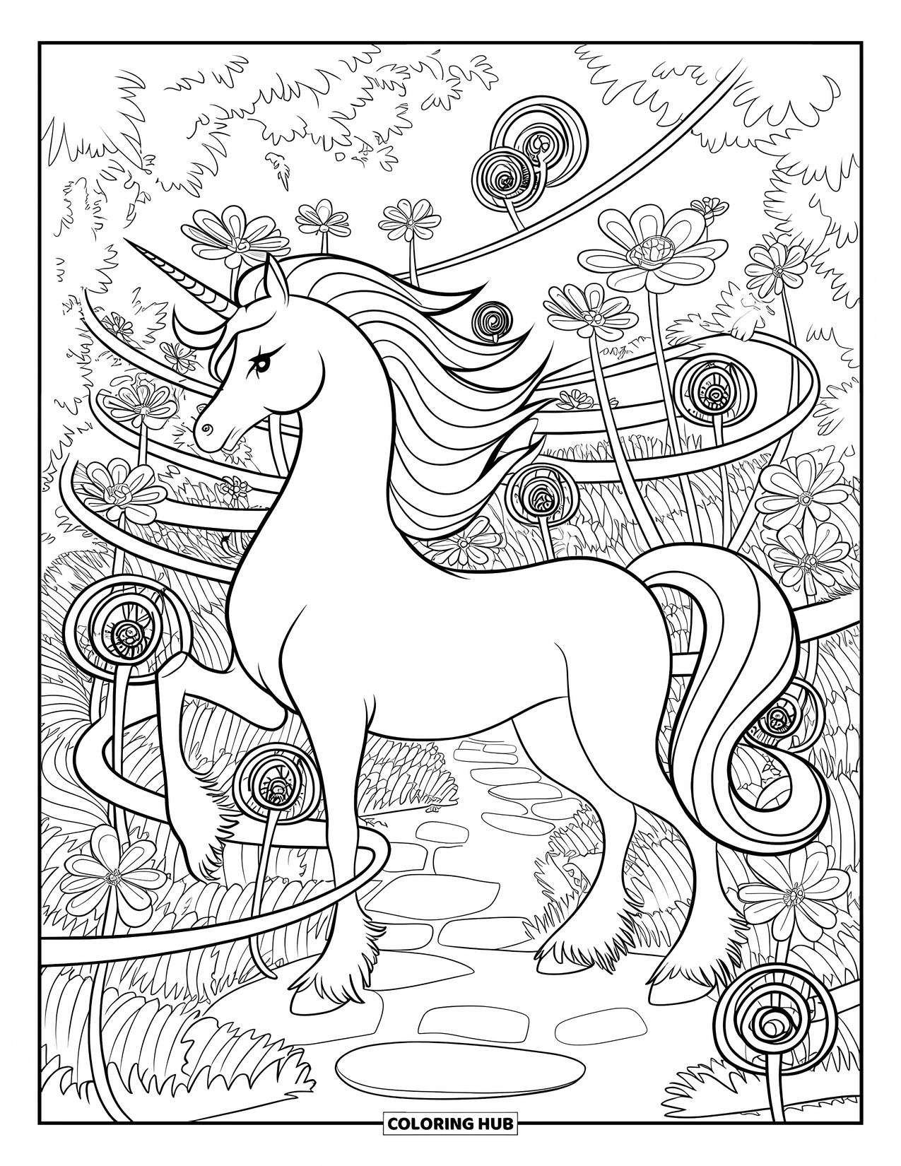 Fantasy Coloring Page for Adults: A unicorn stands gracefully in an enchanted garden filled with spirals, stars, and soft greenery