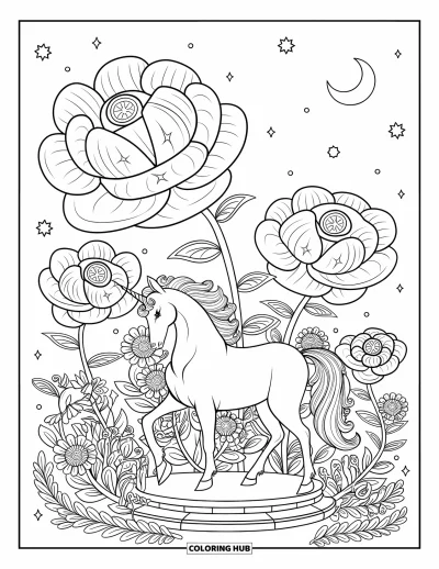 Fantasy-fargeleggingsark for voksne: En enhjørning med flagrende man poserer i en magisk hage av stjerner, måner og spiralblomster