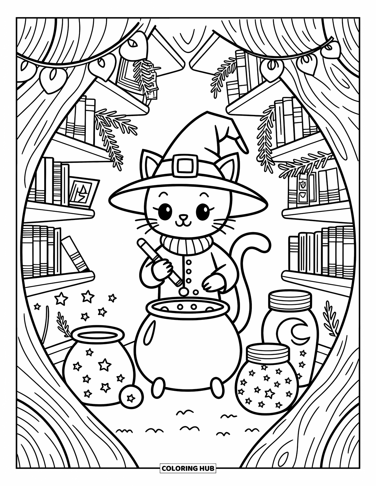 Fantasy Coloring Page for Adults: A wise cat makes potions in a magical tree trunk library with glowing jars and vines