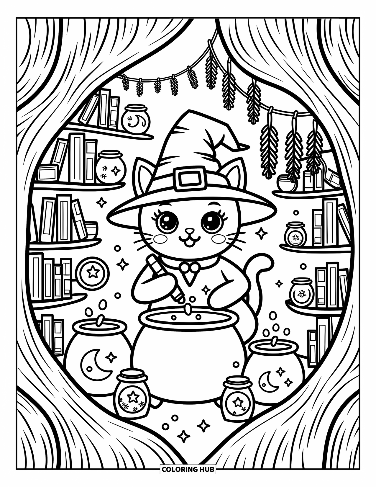 Fantasy Coloring Page for Adults: A wizard cat brews spells in a tree house filled with floating books and sparkling bottles