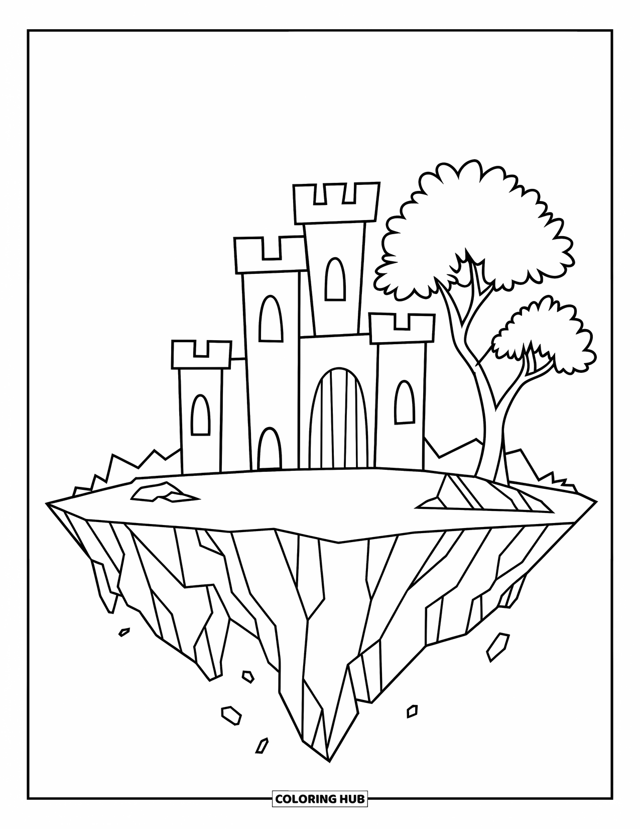 Fantasy Coloring Page for Kids: A castle and tree sit peacefully atop a floating island