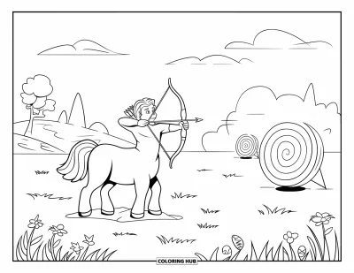 Fantasy-fargeleggingsark for barn: En kentaur øver på bueskyting i en solrik lysning med svevende blinker