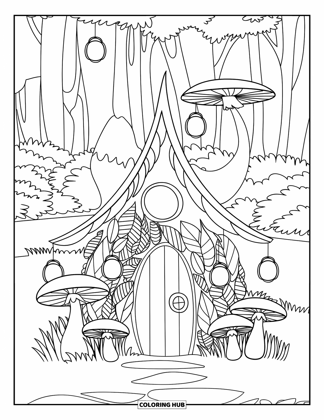 Fantasy Coloring Page for Kids: A cozy mushroom cottage glows in the middle of a forest