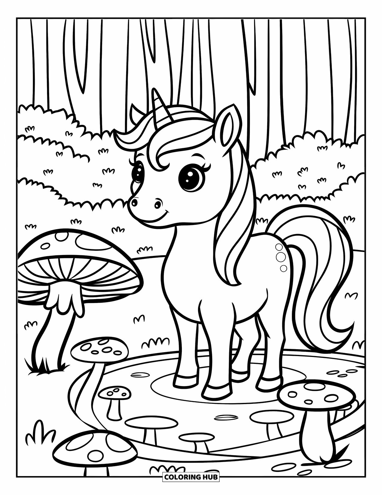 Fantasy Coloring Page for Kids: A cute unicorn stands beside a magical pond with giant mushrooms nearby
