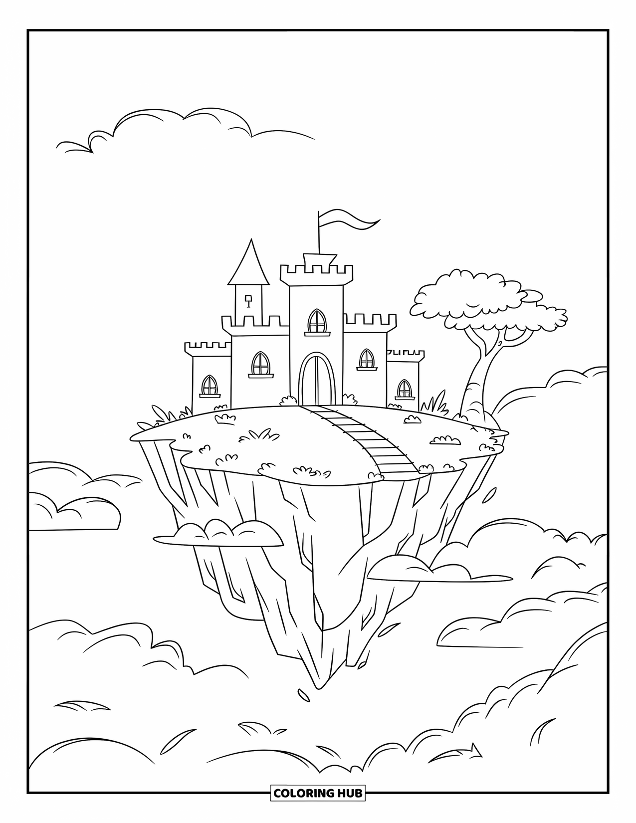 Fantasy Coloring Page for Kids: A floating island holds a small castle and one leafy tree