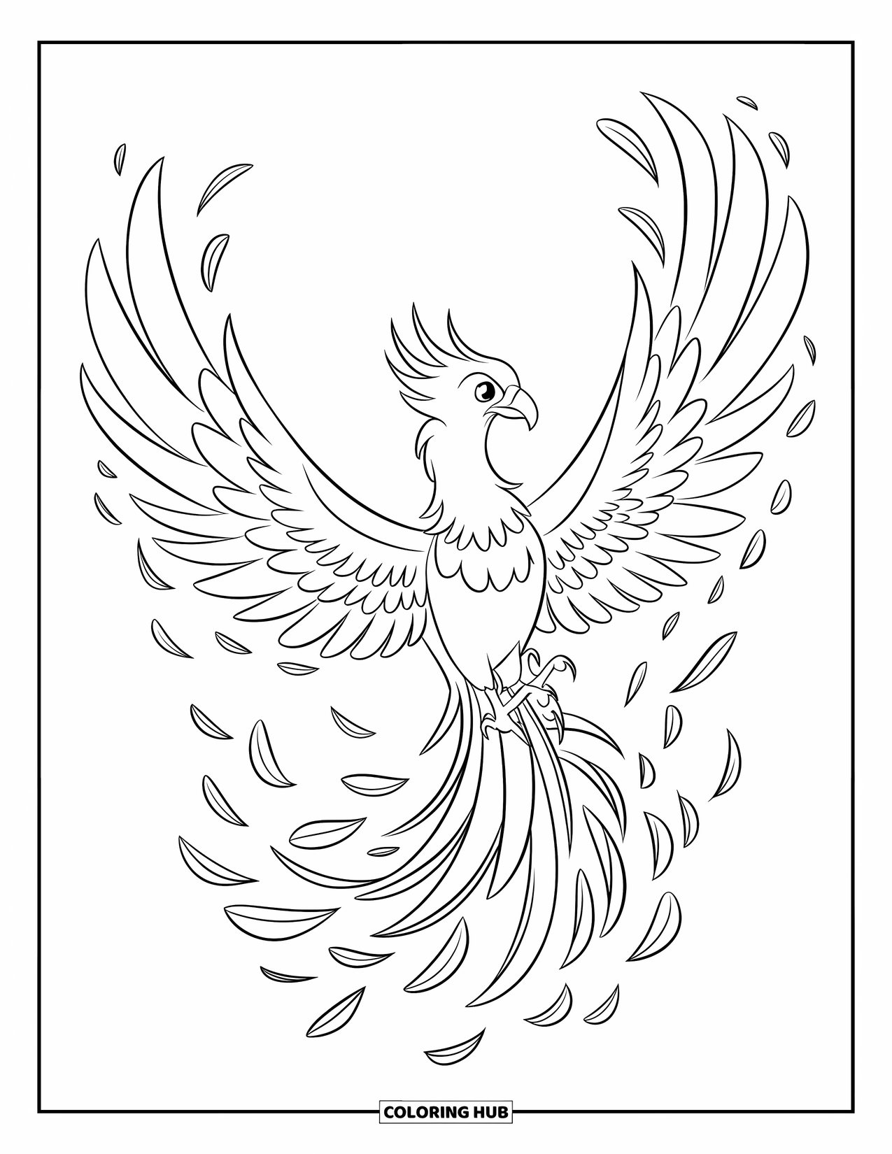 Fantasy Coloring Page for Kids: A flying phoenix spreads its wings as feathers float all around