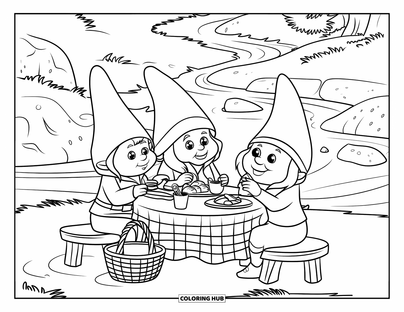 Fantasy Coloring Page for Kids: A gnome family eats together by a brook surrounded by lush greenery