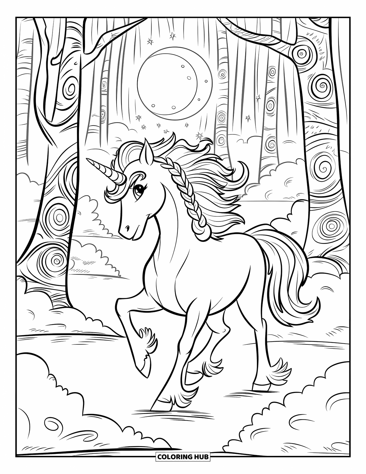 Fantasy Coloring Page for Kids: A majestic unicorn trots through a dreamy forest beneath a starry sky