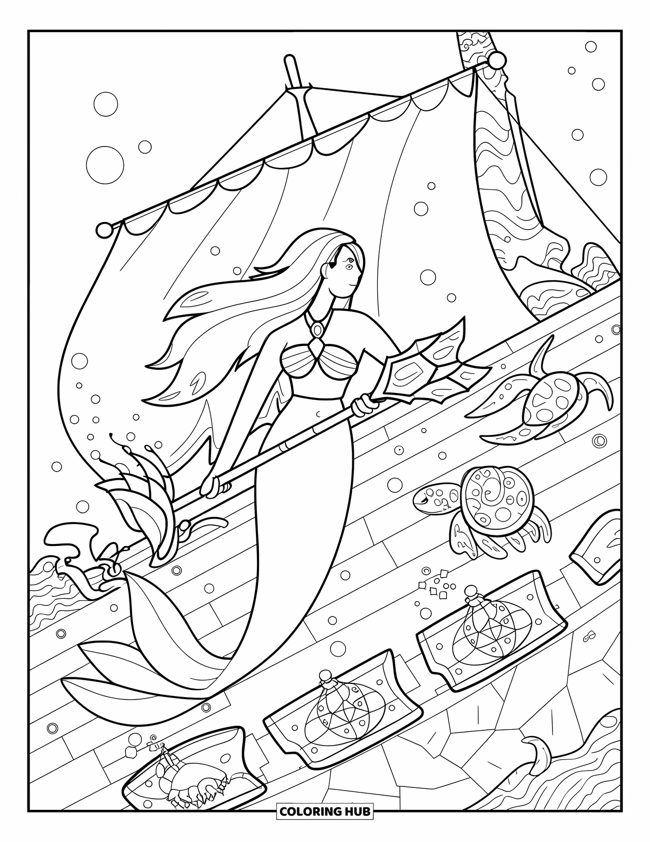 Fantasy Coloring Page for Kids: A mermaid warrior explores a sunken ship filled with magical ocean relics